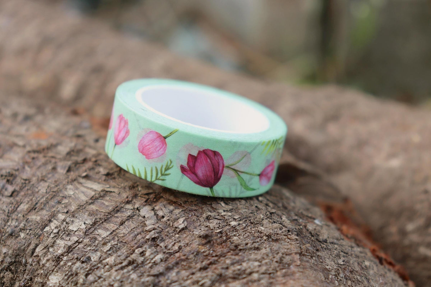 Tulip Washi Tape, Watercolour Pink Floral Green Tape, Illustrated Botanical Stationery Gift