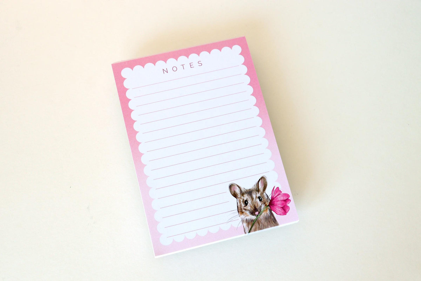 Miso The Mouse Pink A6 Notepad, Pink Floral Tulip To-do List, Watercolour Illustrated Stationery Gift