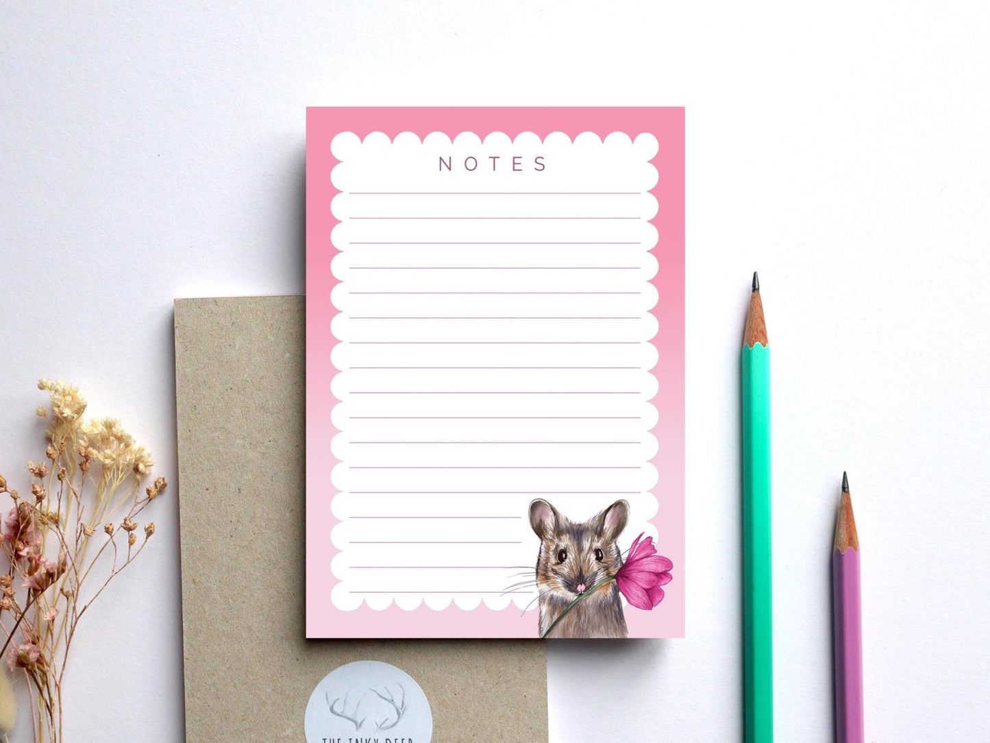 Miso The Mouse Pink A6 Notepad, Pink Floral Tulip To-do List, Watercolour Illustrated Stationery Gift