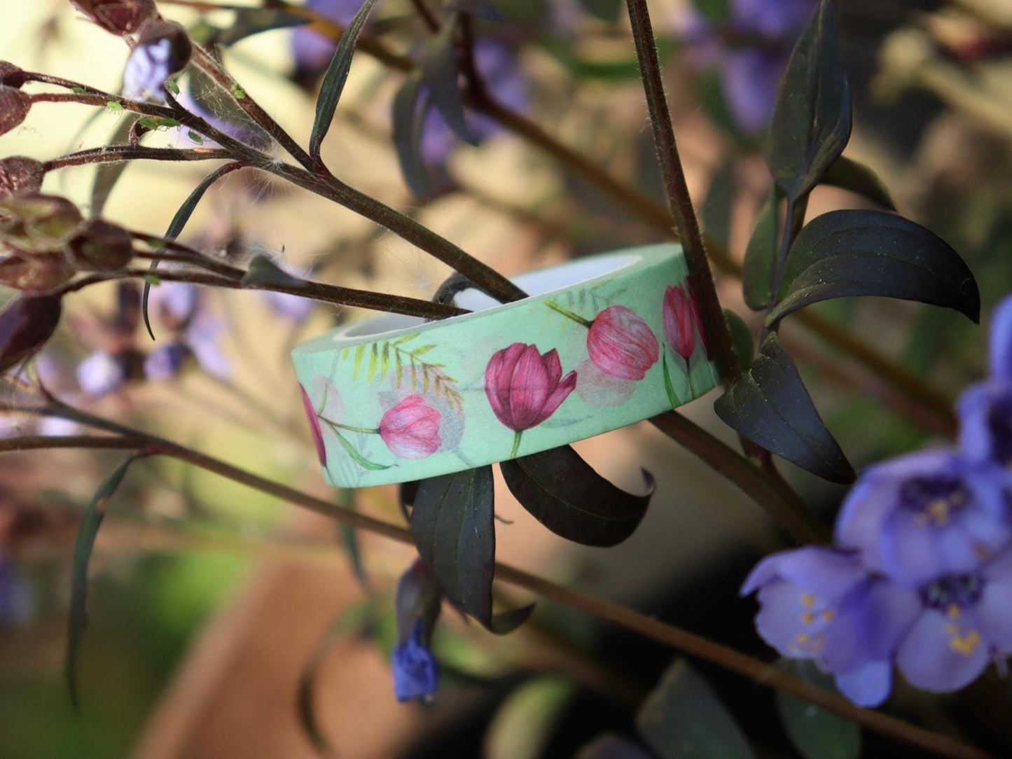 Tulip Washi Tape, Watercolour Pink Floral Green Tape, Illustrated Botanical Stationery Gift