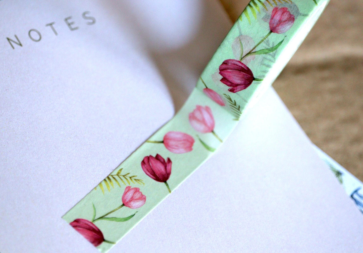 Tulip Washi Tape, Watercolour Pink Floral Green Tape, Illustrated Botanical Stationery Gift