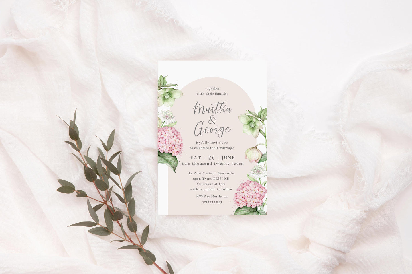 Vintage Hydrangea Wedding Invitation Hellebore Botanical Wedding Invites, Blush Pink Sage Floral A5 or 5x7" Stationery Suite