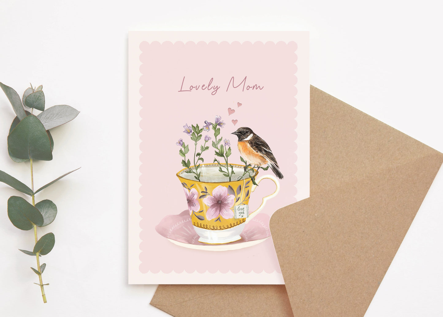Lovely Mum, Floral Vintage Teacup And Bird, Pink Illustrated Mother's Day Card 5x7"