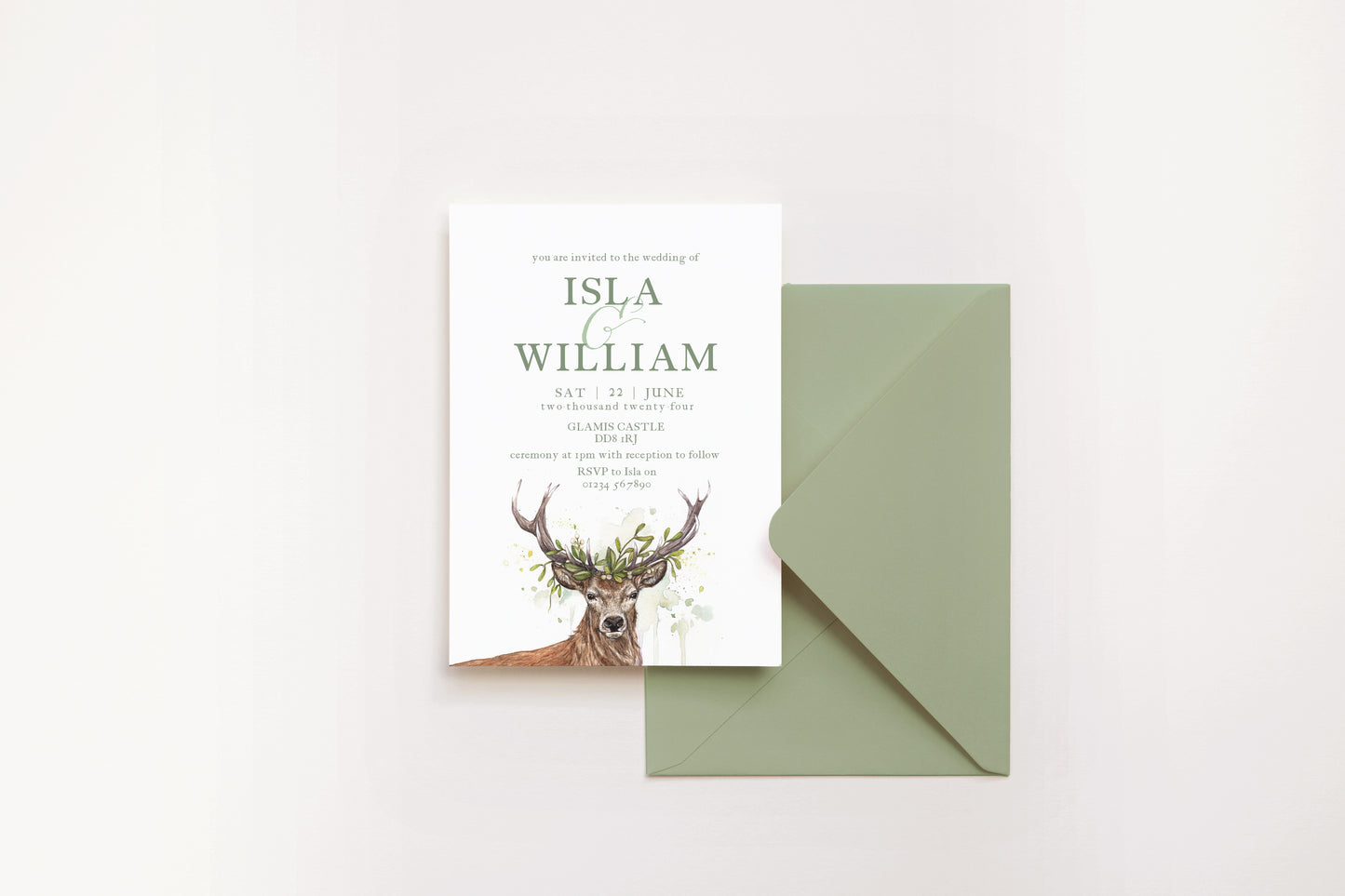 Woodland Stag Wedding Invitation, Scottish Rustic Deer Winter Wedding Invites A5 or 5x7", Sage Green