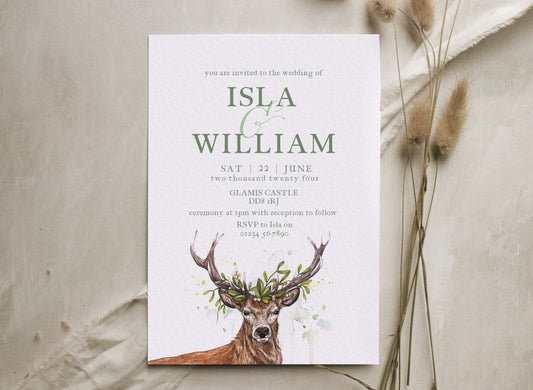 Woodland Stag Wedding Invitation, Scottish Rustic Deer Winter Wedding Invites A5 or 5x7", Sage Green