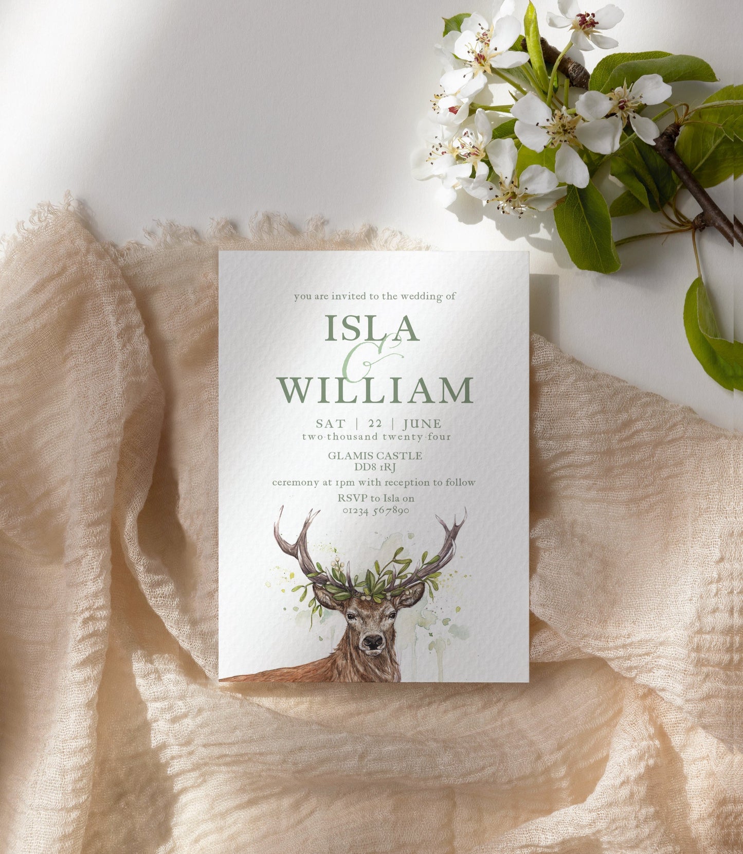 Woodland Stag Wedding Invitation, Scottish Rustic Deer Winter Wedding Invites A5 or 5x7", Sage Green