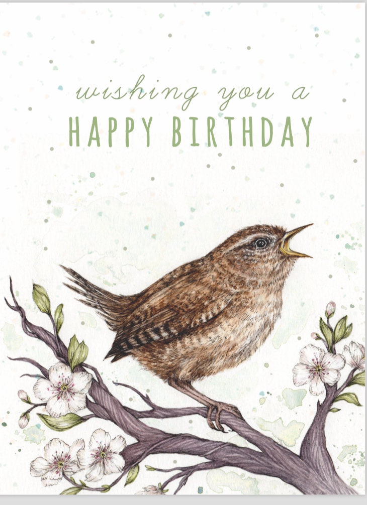 Chirpy Wren Greetings Card, Bird Birthday Card Cute Floral Watercolour Illustrated Card A6