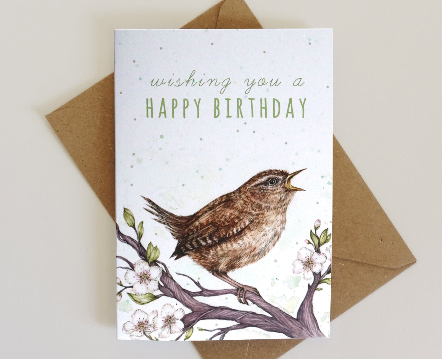 Chirpy Wren Greetings Card, Bird Birthday Card Cute Floral Watercolour Illustrated Card A6