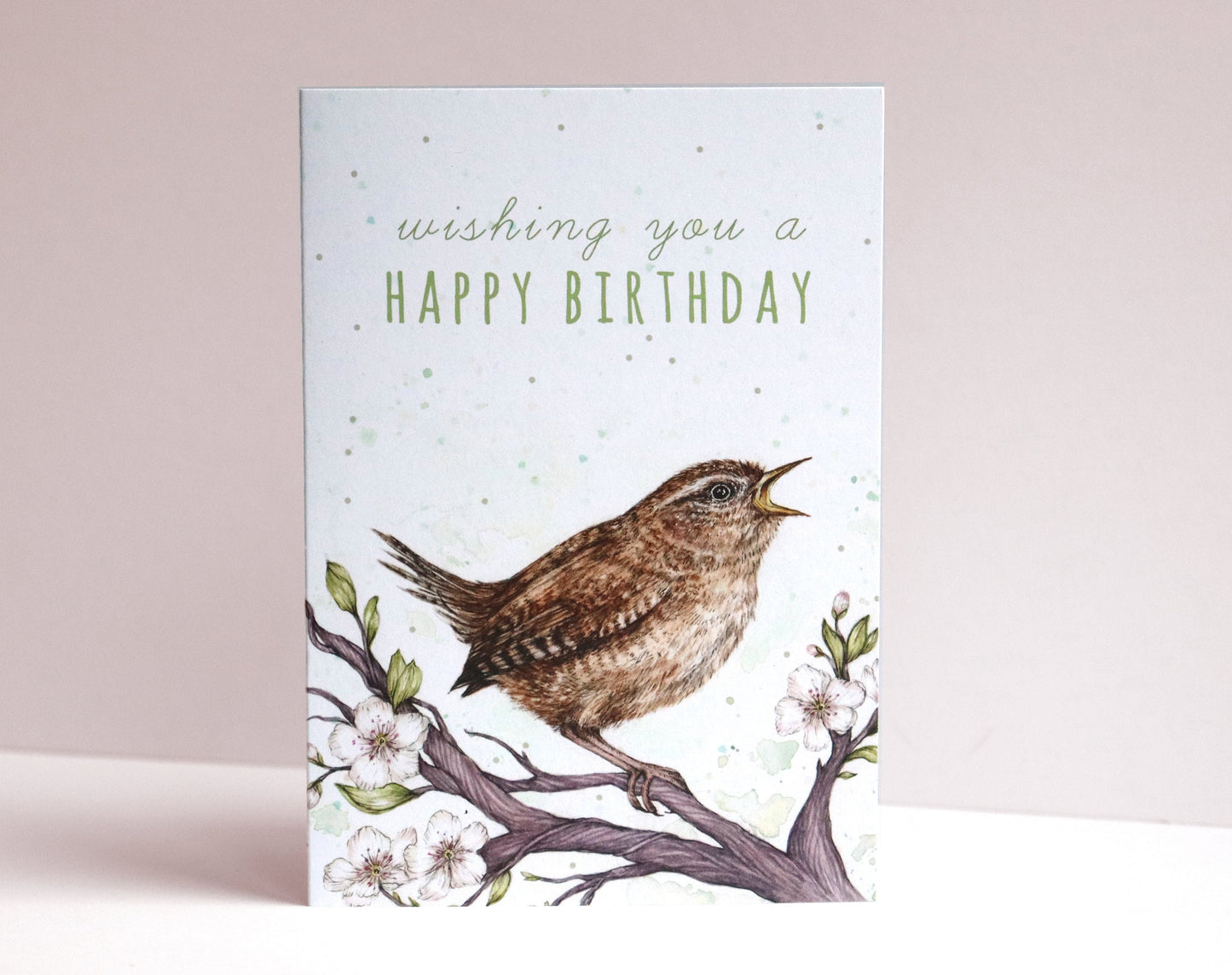 Chirpy Wren Greetings Card, Bird Birthday Card Cute Floral Watercolour Illustrated Card A6