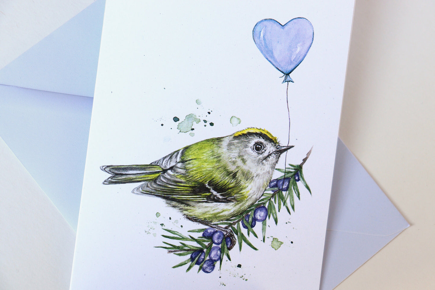 Gertie the Goldcrest Greetings Card, Birthday Balloon Watercolour Recycled Illustrated Cute Bird Card A6