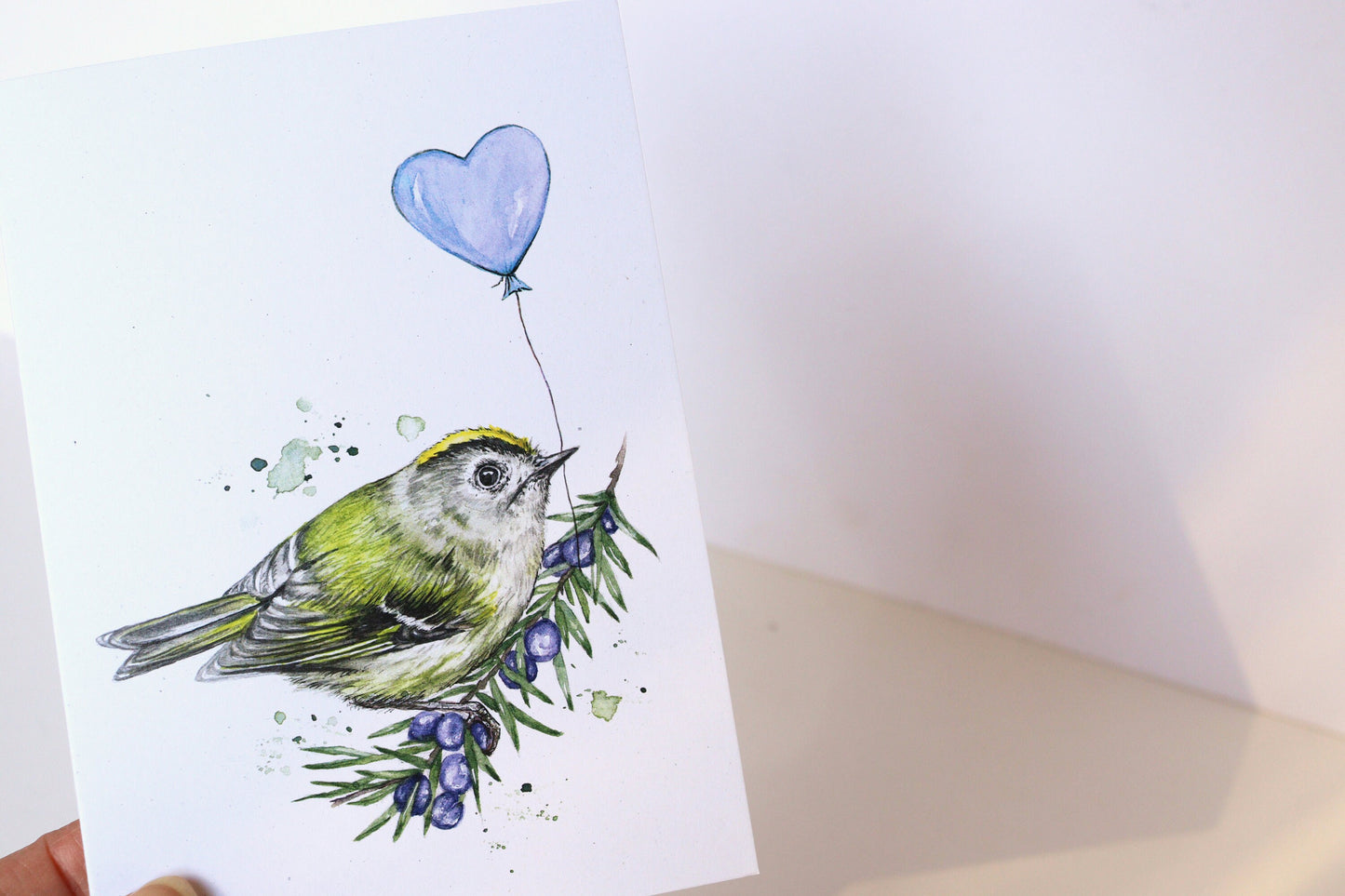 Gertie the Goldcrest Greetings Card, Birthday Balloon Watercolour Recycled Illustrated Cute Bird Card A6