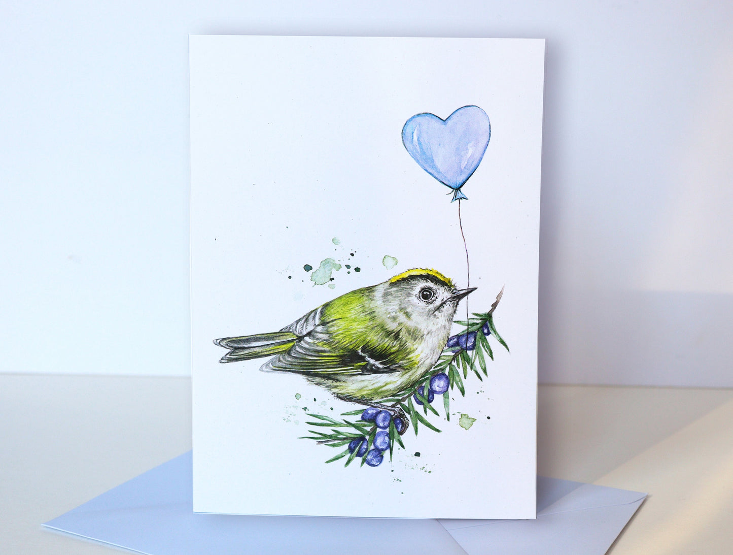 Gertie the Goldcrest Greetings Card, Birthday Balloon Watercolour Recycled Illustrated Cute Bird Card A6