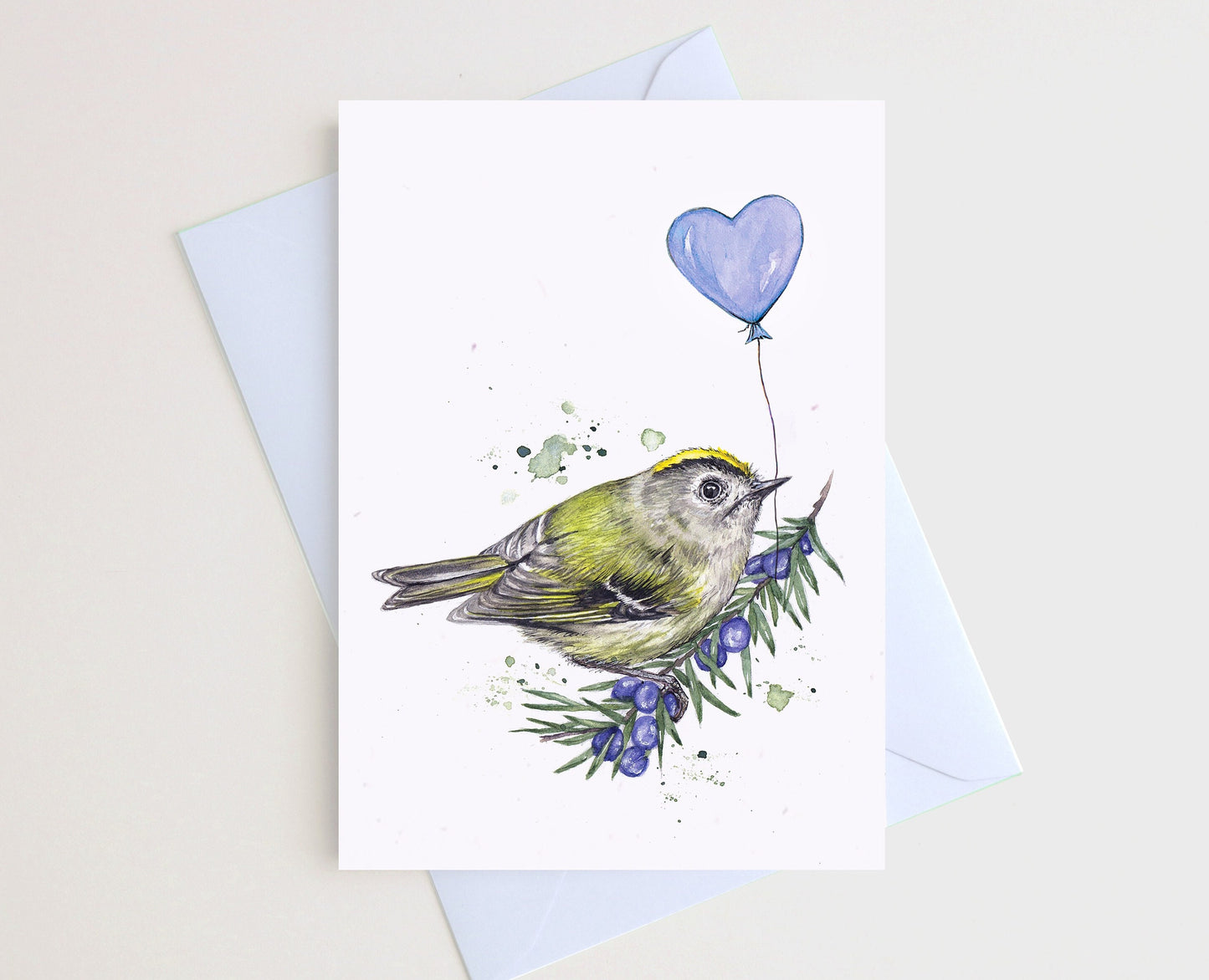 Gertie the Goldcrest Greetings Card, Birthday Balloon Watercolour Recycled Illustrated Cute Bird Card A6