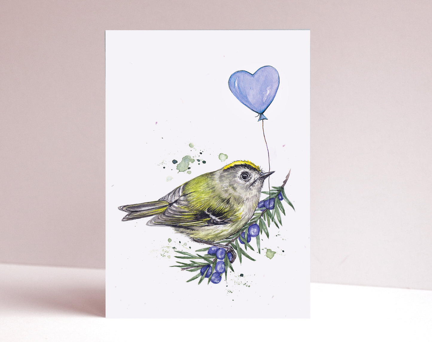 Gertie the Goldcrest Greetings Card, Birthday Balloon Watercolour Recycled Illustrated Cute Bird Card A6