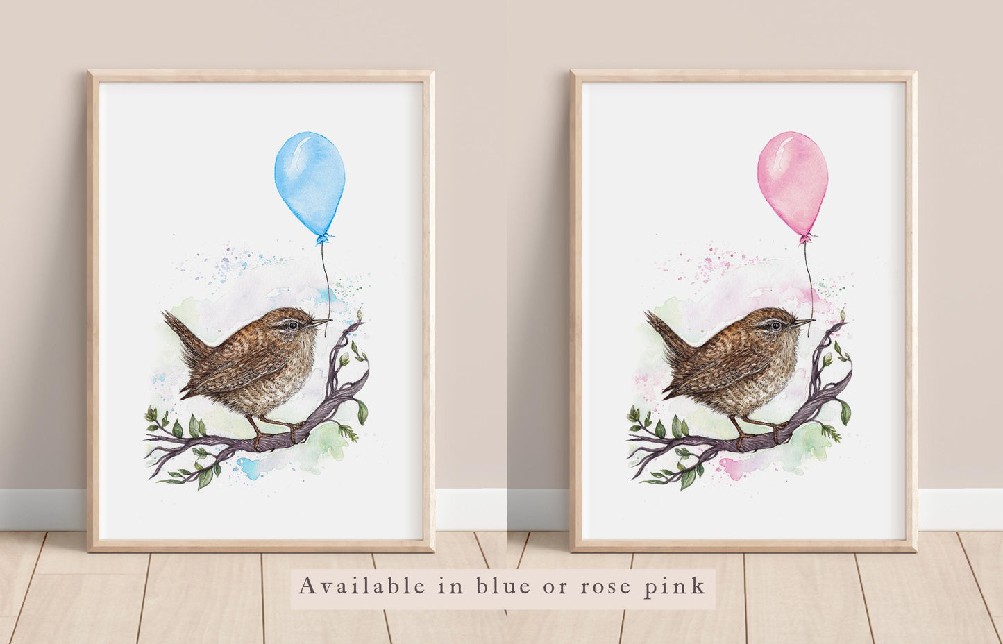 Watercolour Rue the Wren Print, Balloon Cute Watercolour Illustrated Bird, Kids Nursery Artwork, Giclee Fine Art Print A4 A5 - Blue or Pink