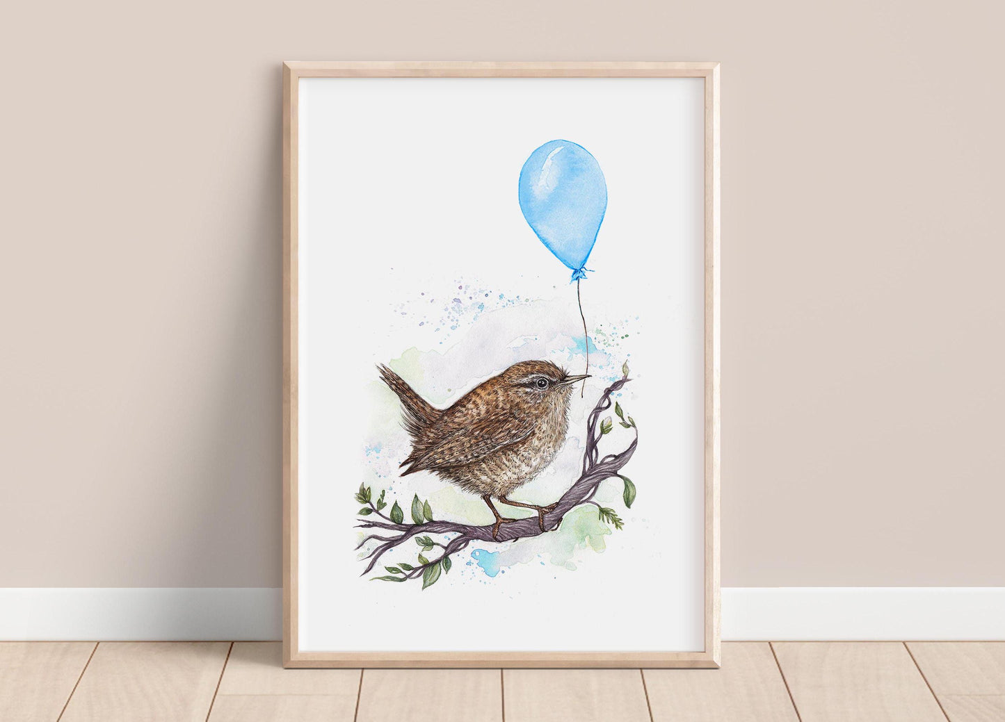 Watercolour Rue the Wren Print, Balloon Cute Watercolour Illustrated Bird, Kids Nursery Artwork, Giclee Fine Art Print A4 A5 - Blue or Pink