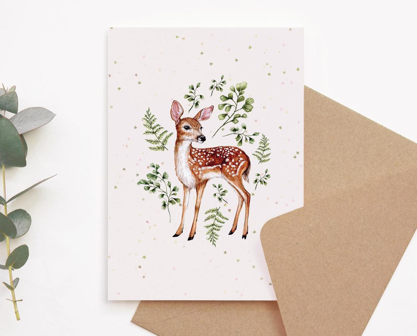 Fawn & Ferns Botanical Greetings Card, Watercolour Illustrated Deer Birthday Card For Mum Sister Friend A6