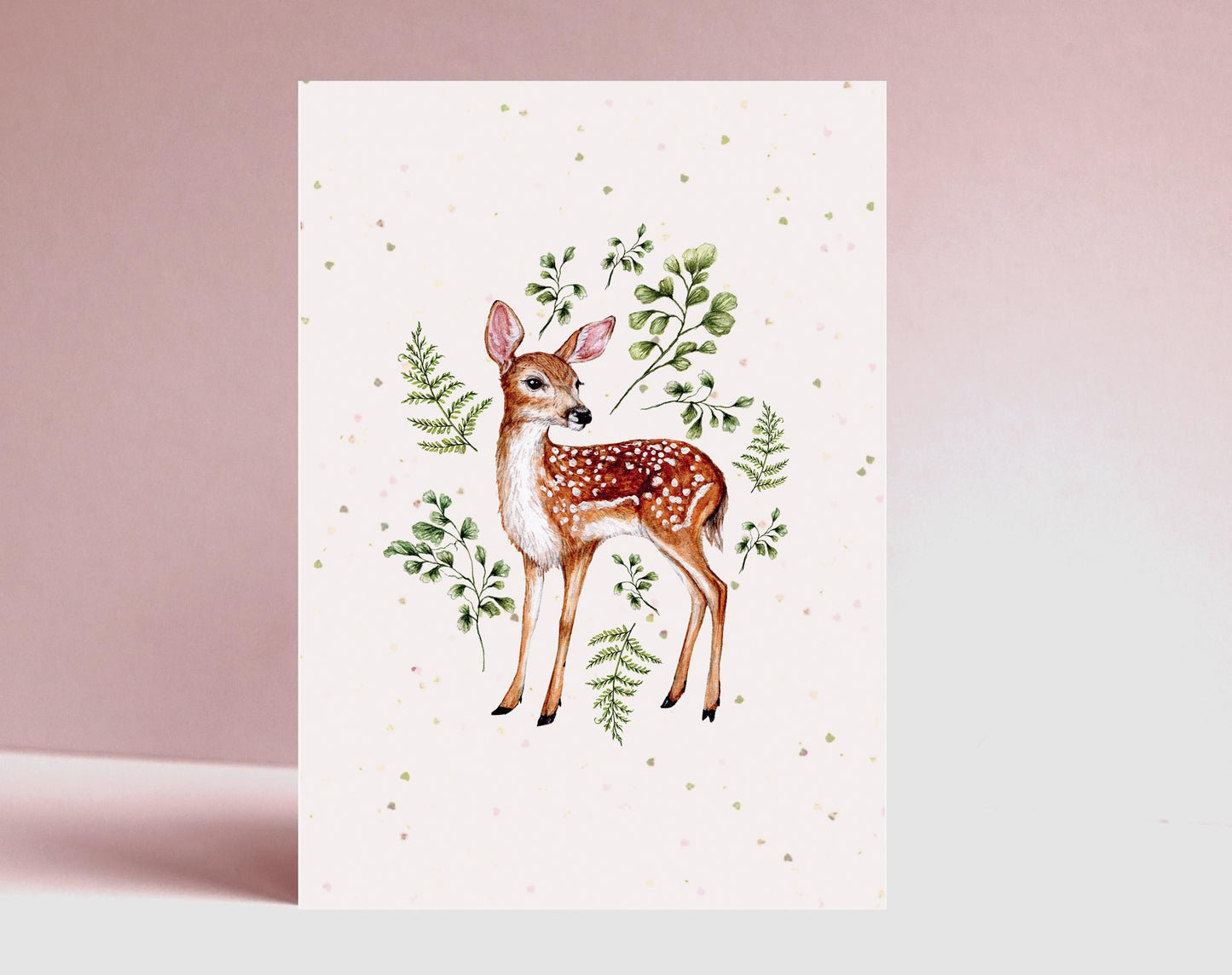 Fawn & Ferns Botanical Greetings Card, Watercolour Illustrated Deer Birthday Card For Mum Sister Friend A6
