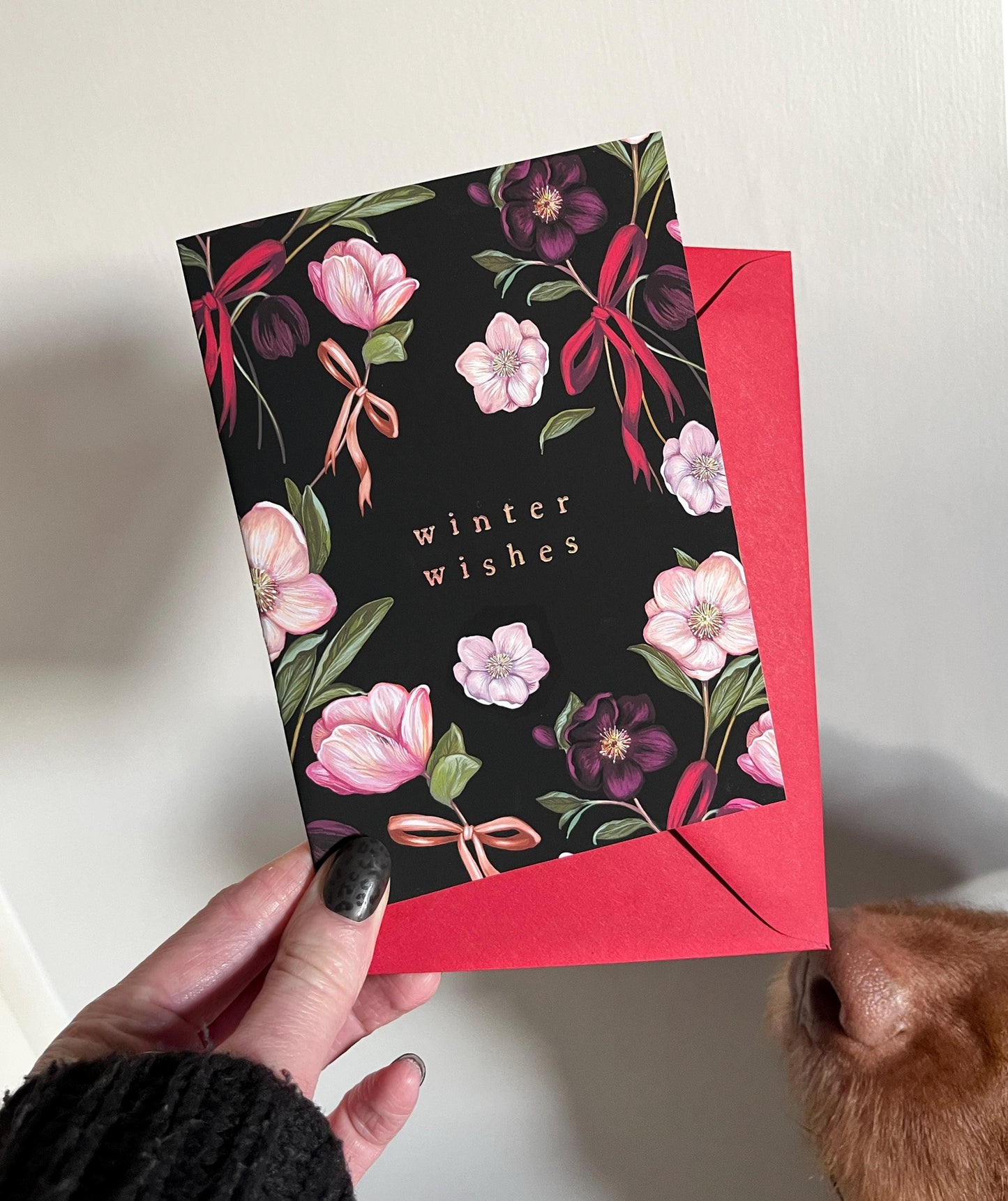 Winter Rose Christmas Card, Hellebore Floral Illustrated Bow Festive Greetings Card A6