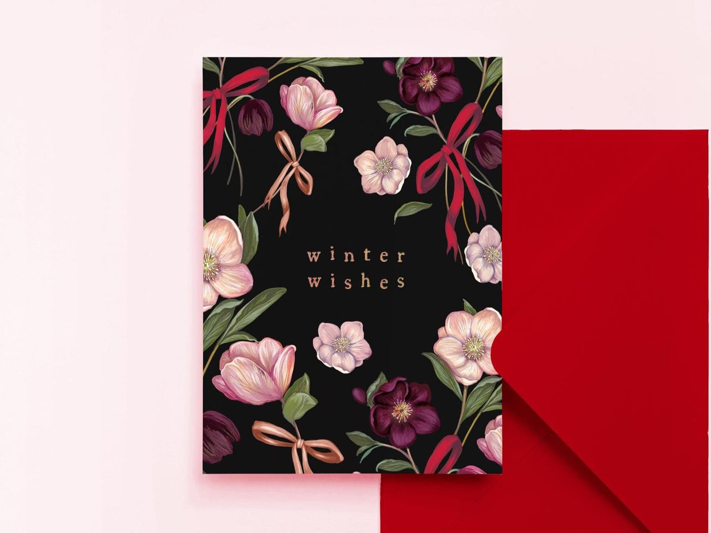 Winter Rose Christmas Card, Hellebore Floral Illustrated Bow Festive Greetings Card A6