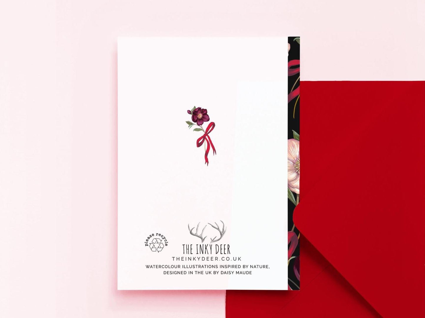 Winter Rose Christmas Card, Hellebore Floral Illustrated Bow Festive Greetings Card A6