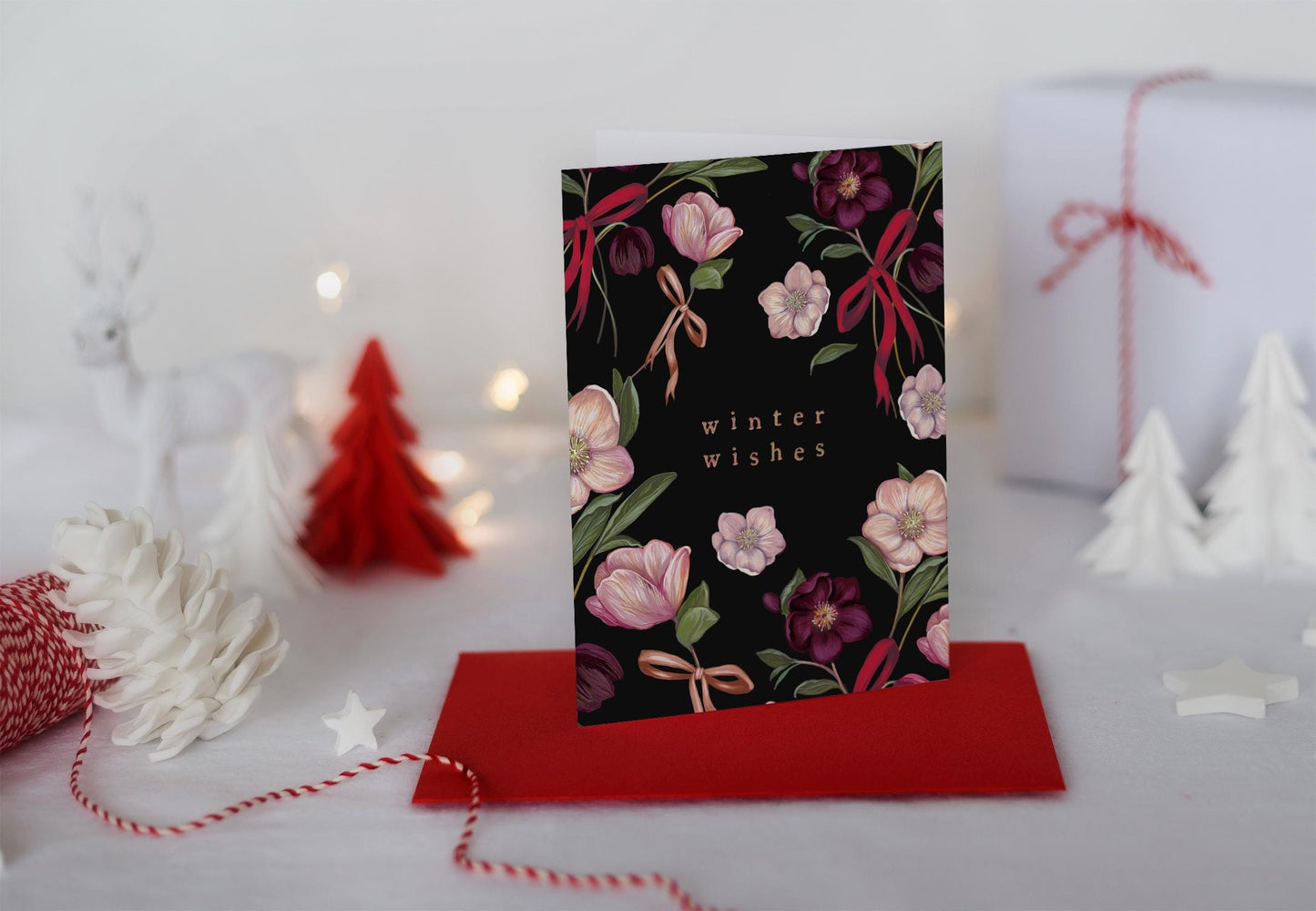 Winter Rose Christmas Card, Hellebore Floral Illustrated Bow Festive Greetings Card A6