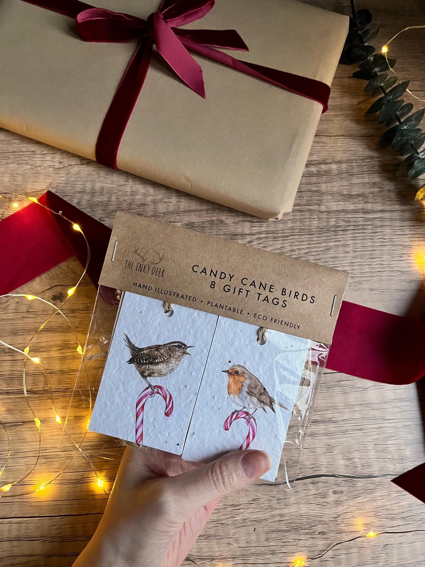 Plantable Christmas Gift Tags - Candy Cane Birds, Set of 8 Hand Illustrated Tags