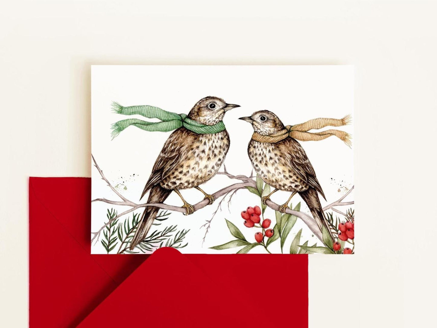 Song Thrush Couple Birds Christmas Card, Watercolour Illustrated Xmas Greetings Card - A6