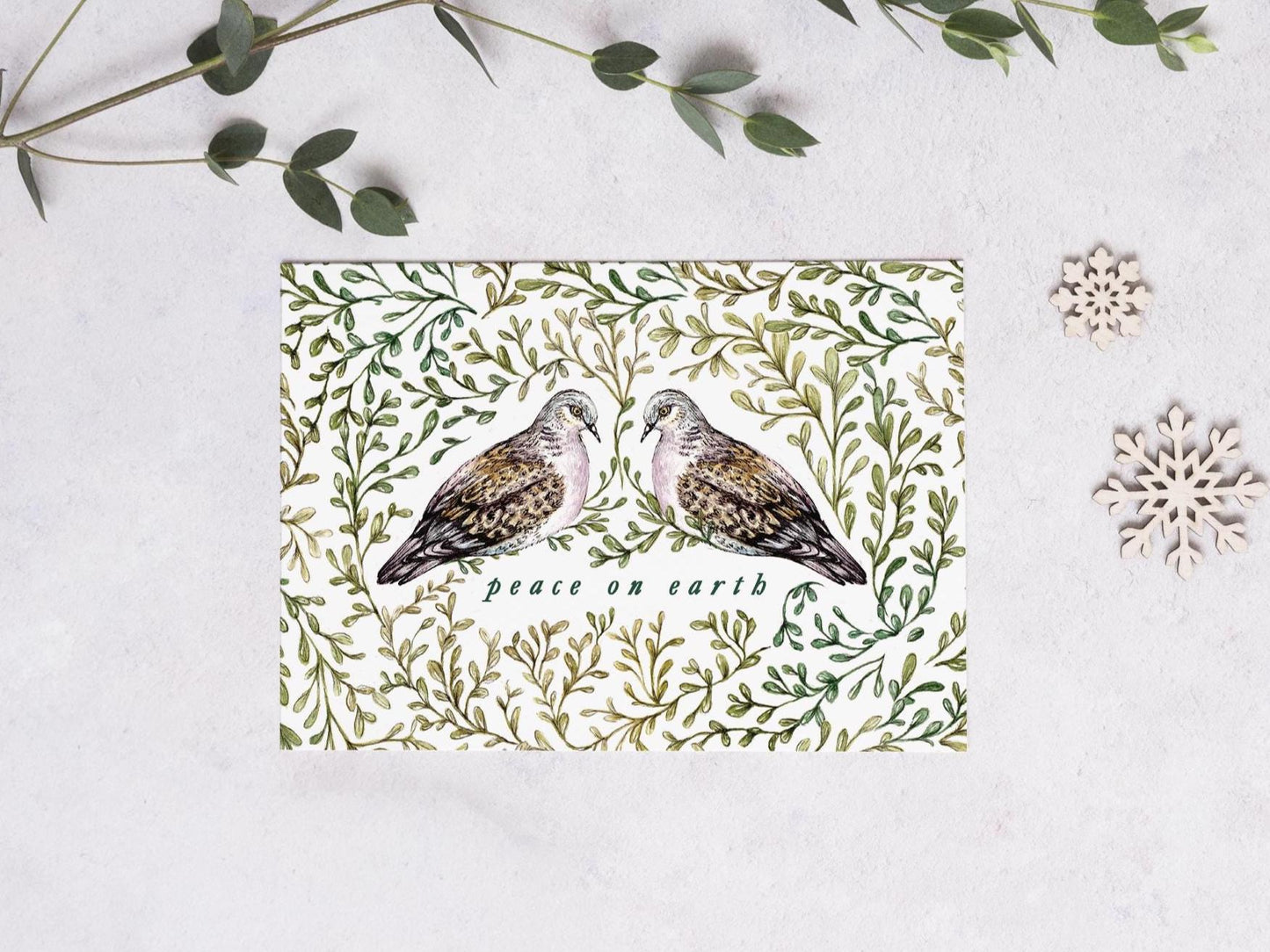 Peace On Earth Christmas Card, Two Turtle Doves, Watercolour Illustrated Xmas Greetings Card - A6