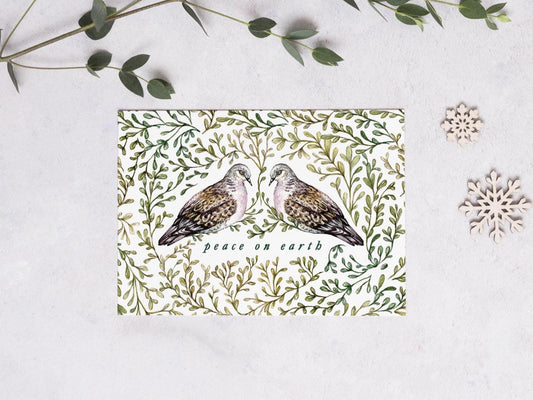 Peace On Earth Christmas Card, Two Turtle Doves, Watercolour Illustrated Xmas Greetings Card - A6