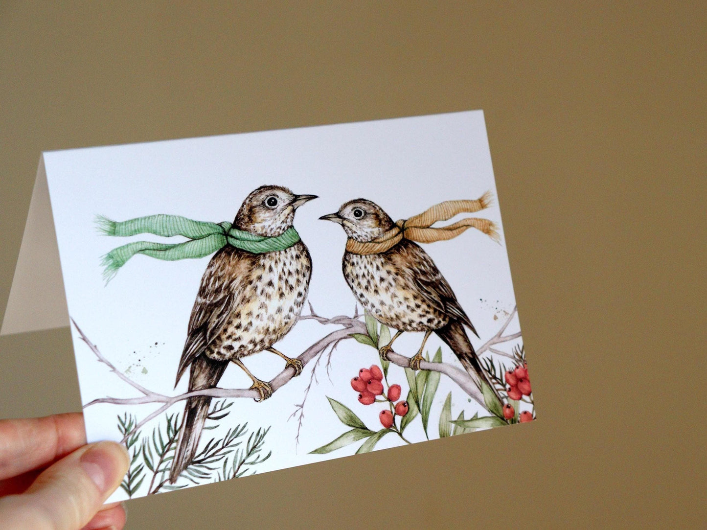 Song Thrush Couple Birds Christmas Card, Watercolour Illustrated Xmas Greetings Card - A6
