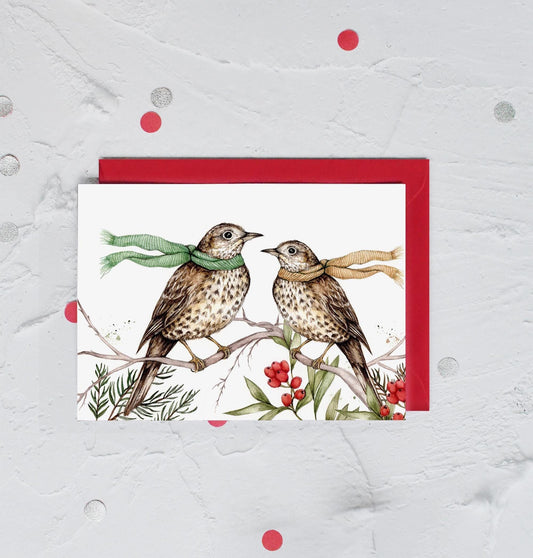 Song Thrush Couple Birds Christmas Card, Watercolour Illustrated Xmas Greetings Card - A6