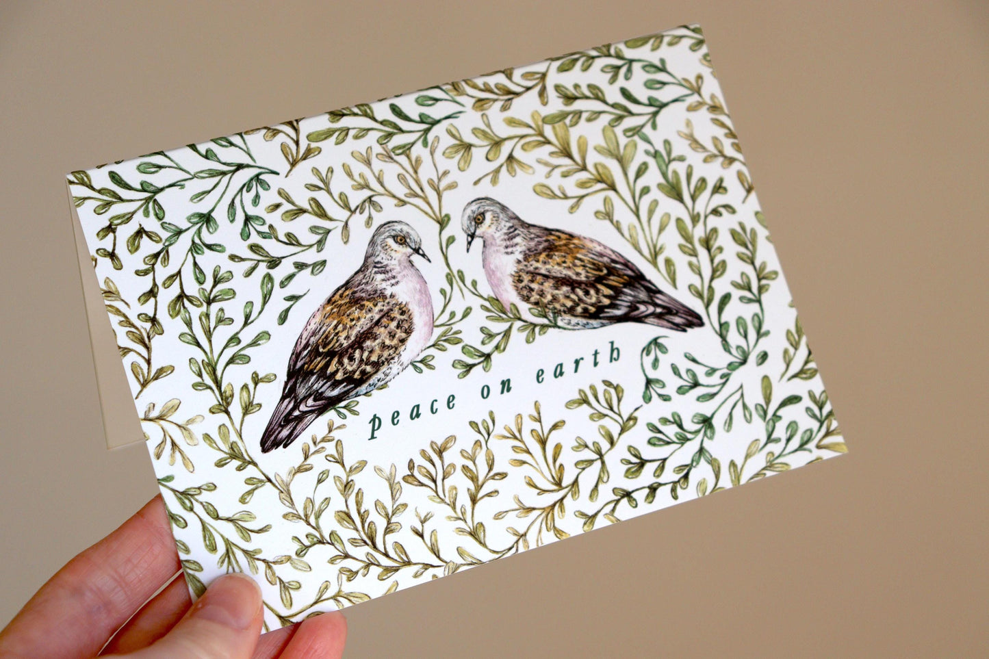 Peace On Earth Christmas Card, Two Turtle Doves, Watercolour Illustrated Xmas Greetings Card - A6