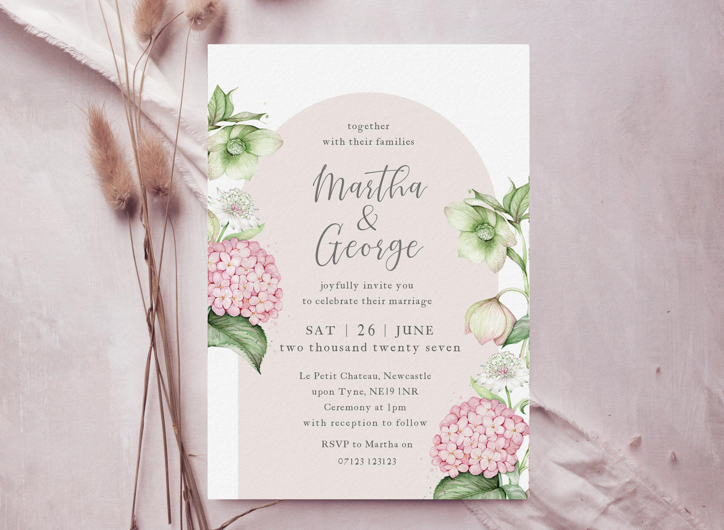 Vintage Hydrangea Wedding Invitation Hellebore Botanical Wedding Invites, Blush Pink Sage Floral A5 or 5x7" Stationery Suite