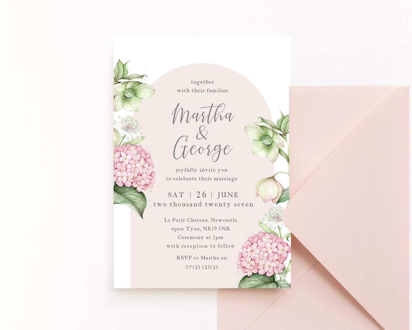 Vintage Hydrangea Wedding Invitation Hellebore Botanical Wedding Invites, Blush Pink Sage Floral A5 or 5x7" Stationery Suite