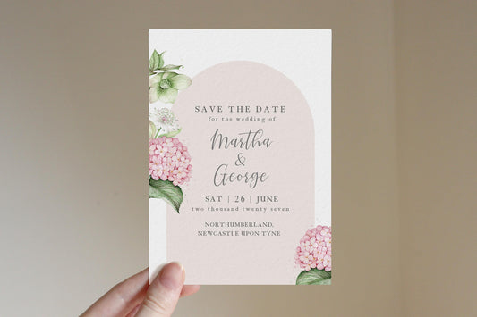 Save The Date Invitations, Vintage Hydrangea Hellebore, Botanical Wedding Invites, Blush Pink Sage Floral A6 Stationery Suite