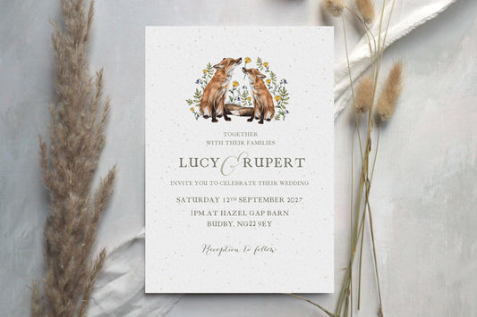 Floral Foxes Wedding Invitation, Watercolour Woodland Animal Wedding Invites A5 or 5x7" RSVP Suite