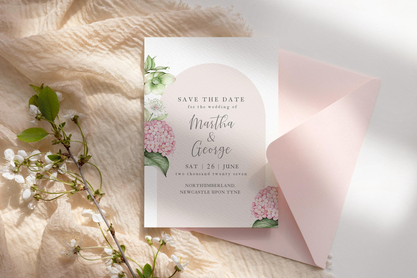 Save The Date Invitations, Vintage Hydrangea Hellebore, Botanical Wedding Invites, Blush Pink Sage Floral A6 Stationery Suite