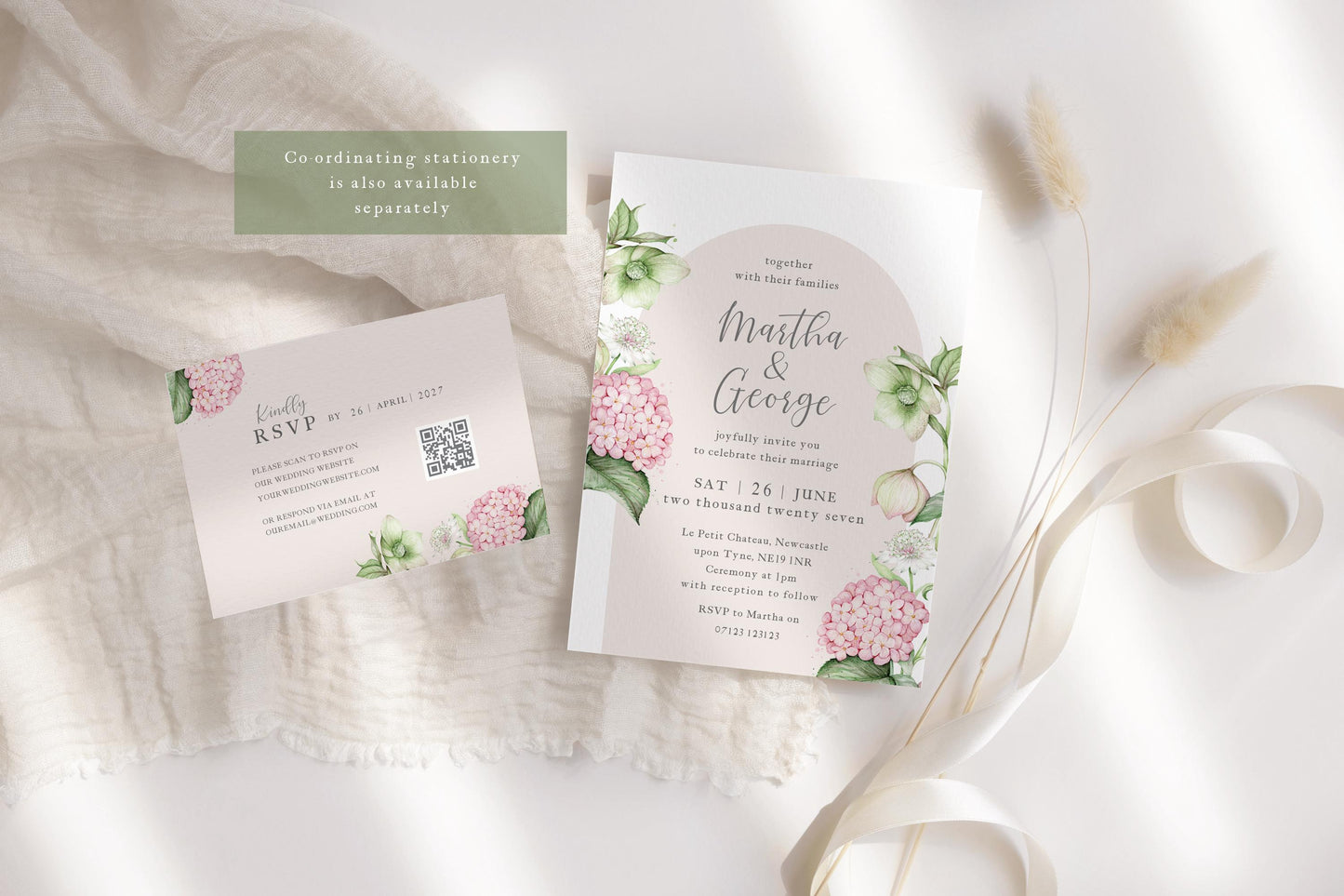 Vintage Hydrangea Wedding Invitation Hellebore Botanical Wedding Invites, Blush Pink Sage Floral A5 or 5x7" Stationery Suite