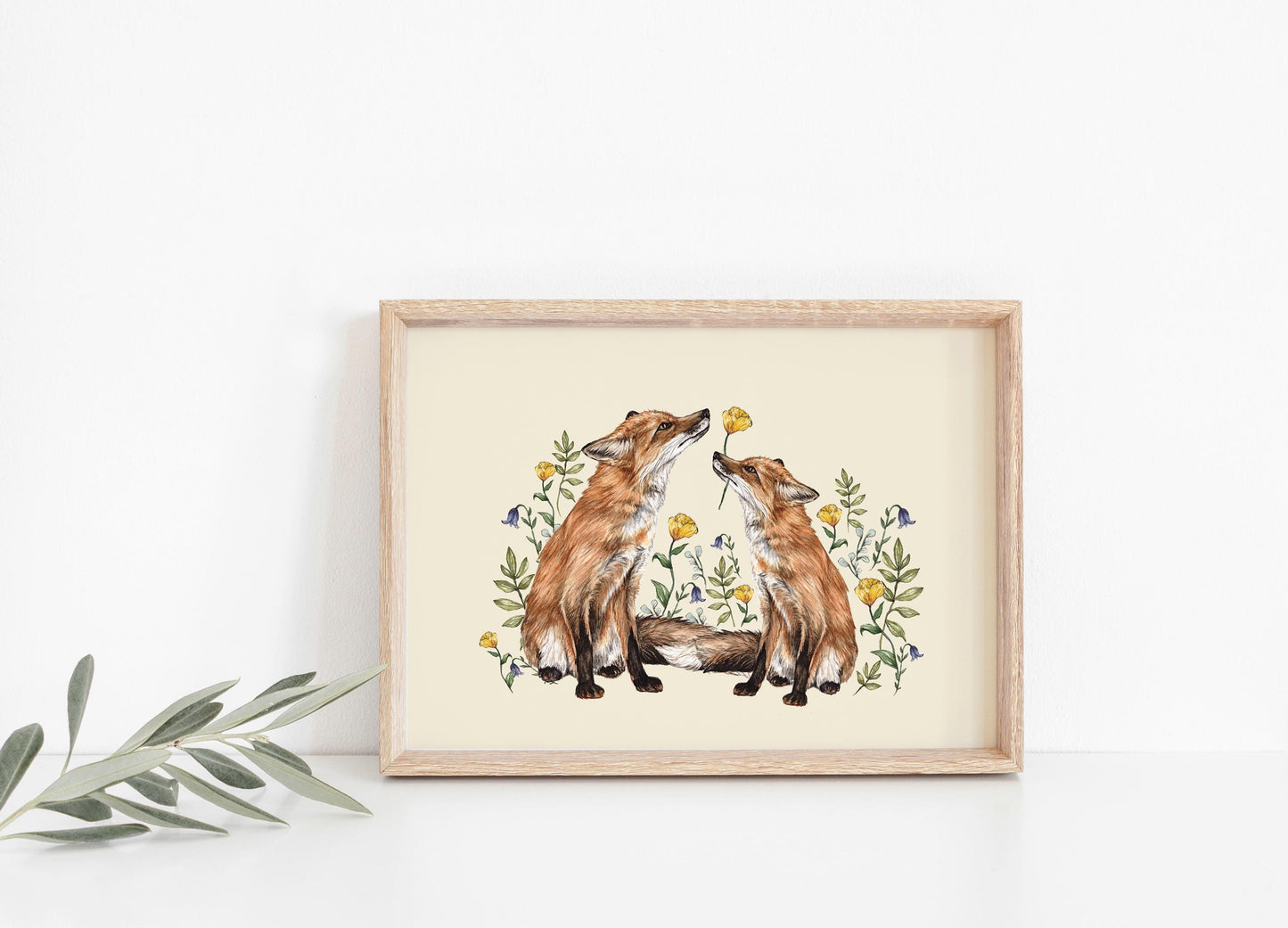 'A Flower For You' Floral Foxes Watercolour Illustrated Fine Art Print