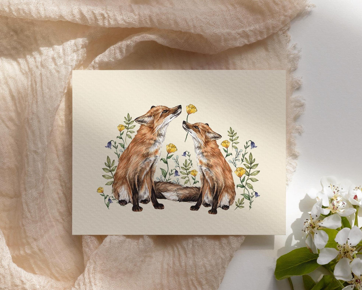 'A Flower For You' Floral Foxes Watercolour Illustrated Fine Art Print