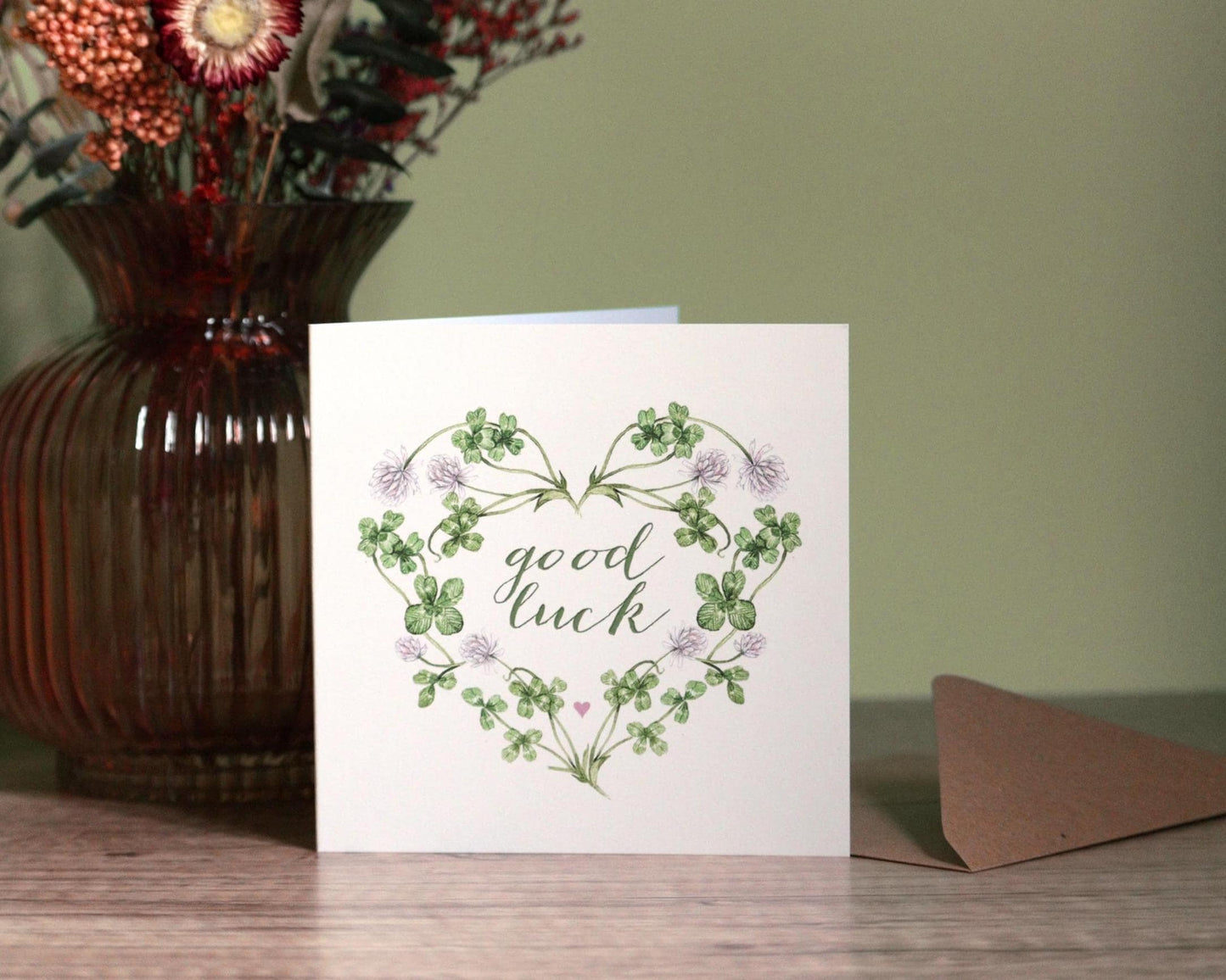 Good Luck Clover Card, Botanical Lucky Watercolour Illustrated Mini Greetings Card
