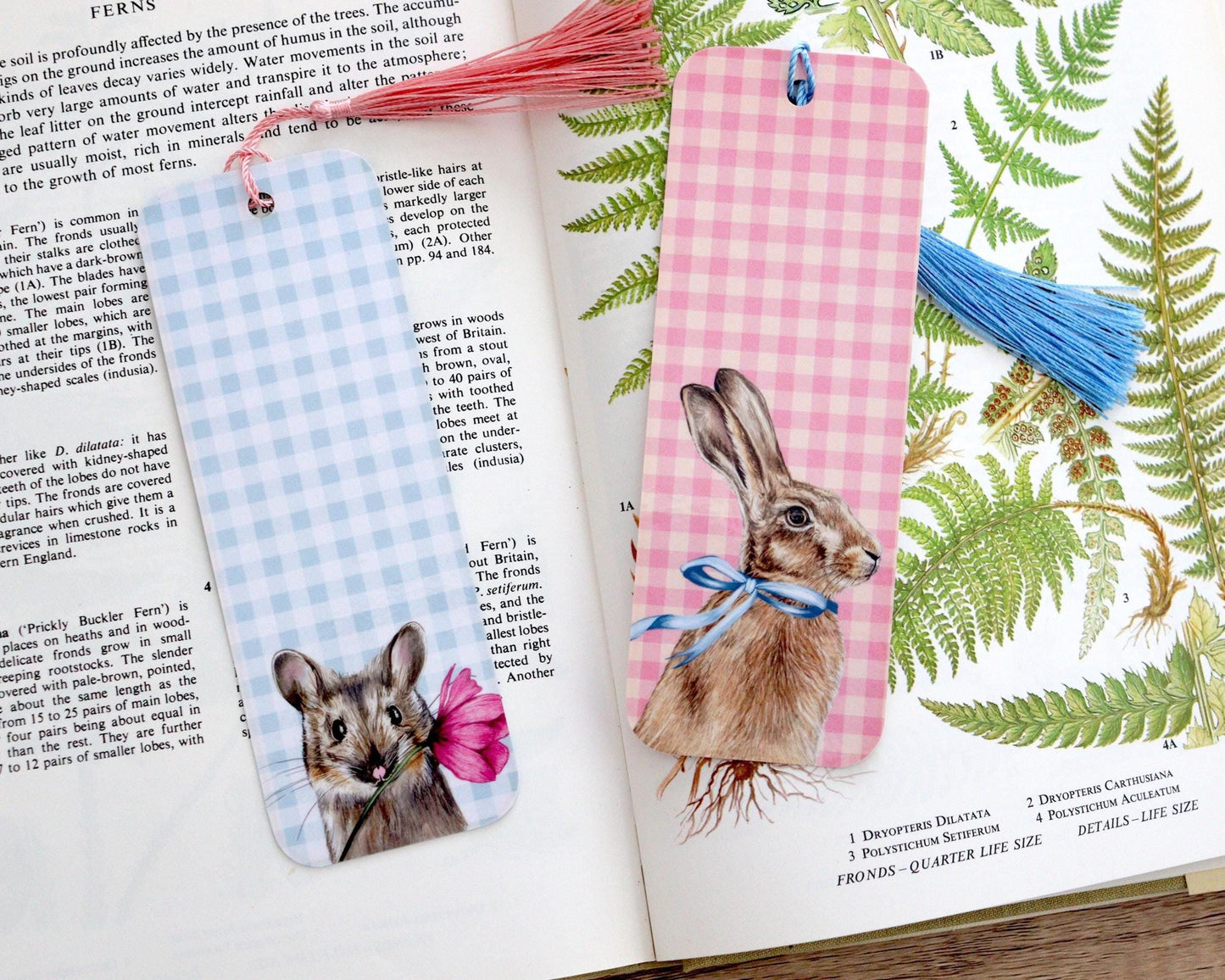 Illustrated Gingham Bookmark Set, Book Lovers, Bookish Gift, Pink Blue Miso The Mouse Horace Hare Watercolour Floral Bookmarks