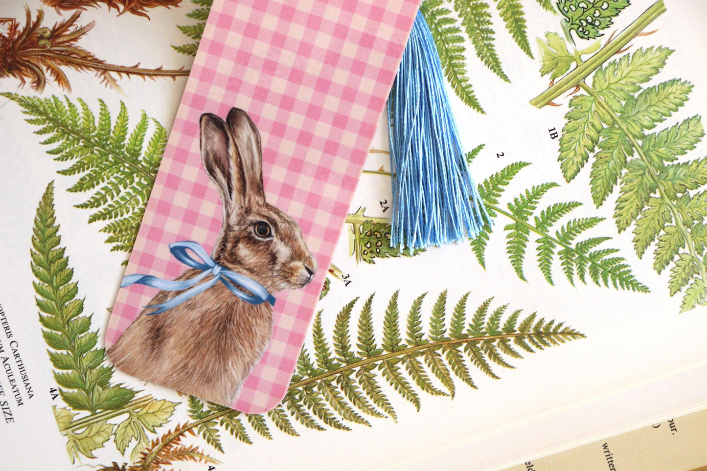 Illustrated Gingham Bookmark Set, Book Lovers, Bookish Gift, Pink Blue Miso The Mouse Horace Hare Watercolour Floral Bookmarks