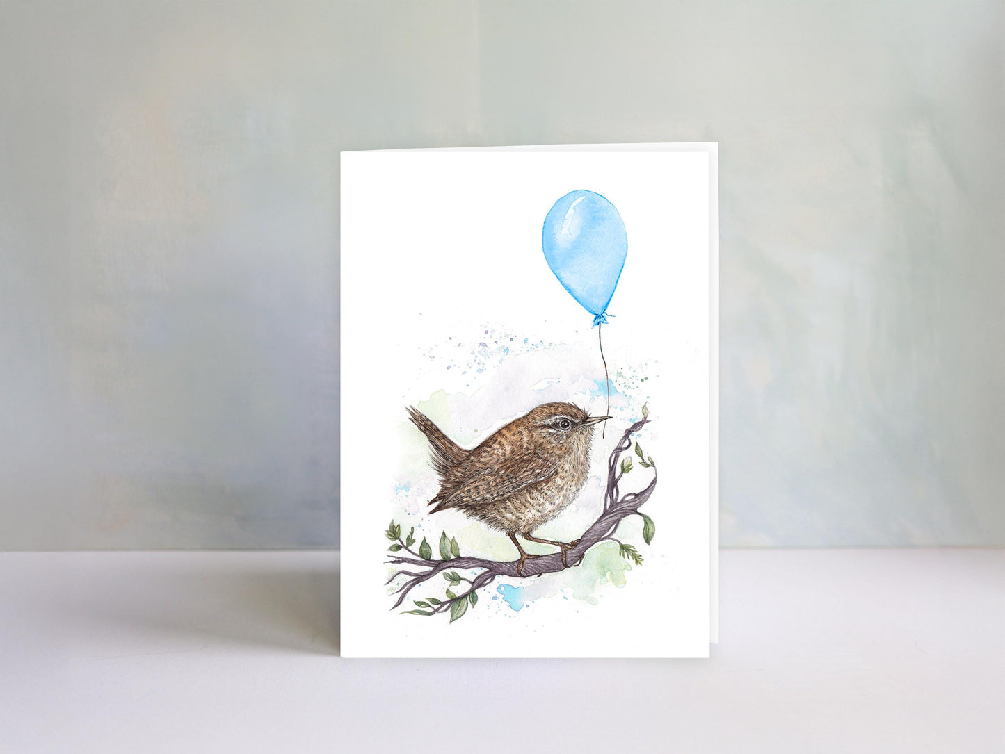 Happy Bird Day Blue Greetings Card, Rue the Wren Birthday Balloon Cute Watercolour Illustrated Bird Card A6