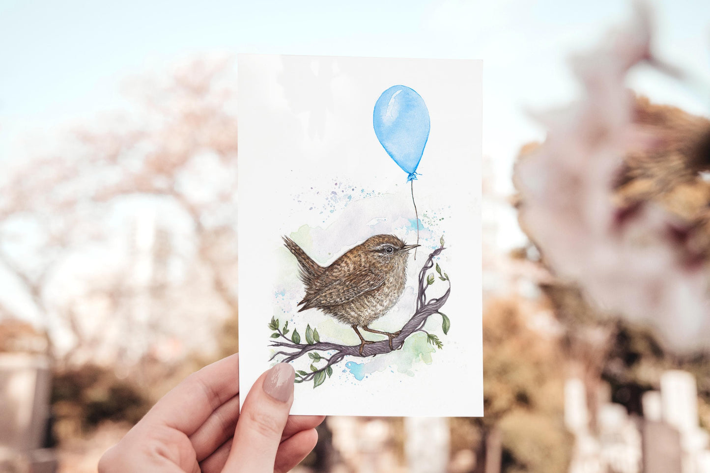 Happy Bird Day Blue Greetings Card, Rue the Wren Birthday Balloon Cute Watercolour Illustrated Bird Card A6