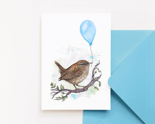 Happy Bird Day Blue Greetings Card, Rue the Wren Birthday Balloon Cute Watercolour Illustrated Bird Card A6