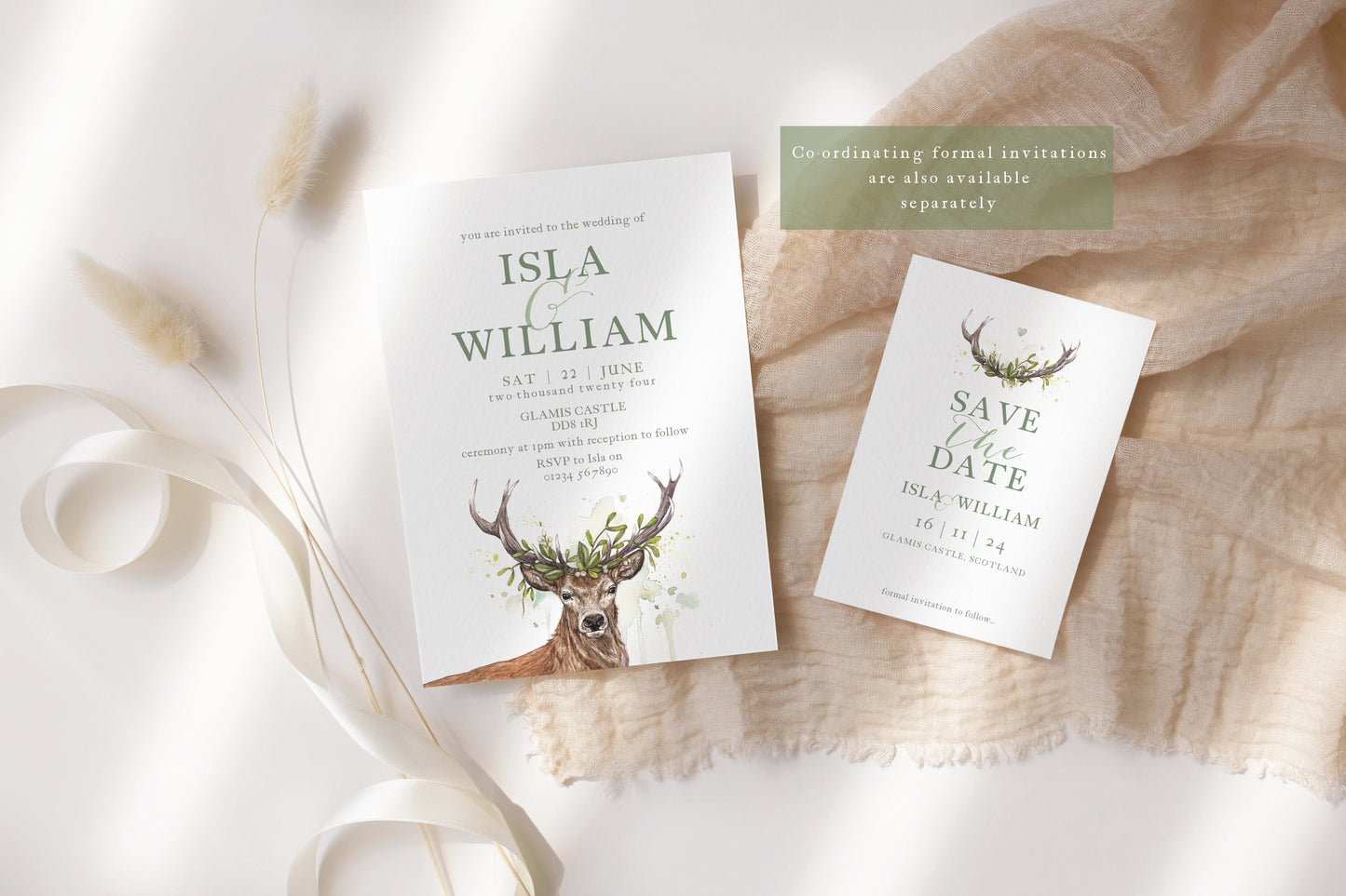 Woodland Stag Wedding Invitation, Scottish Rustic Deer Winter Wedding Invites A5 or 5x7", Sage Green